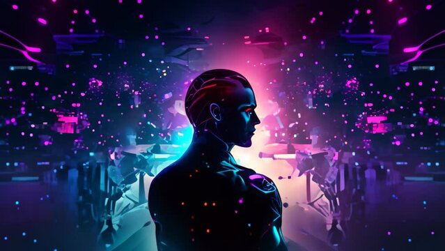 A captivating image of a mans silhouette set against a stunning cityscape, Silhouette of an AI robot with a glowing mind map background, AI Generated