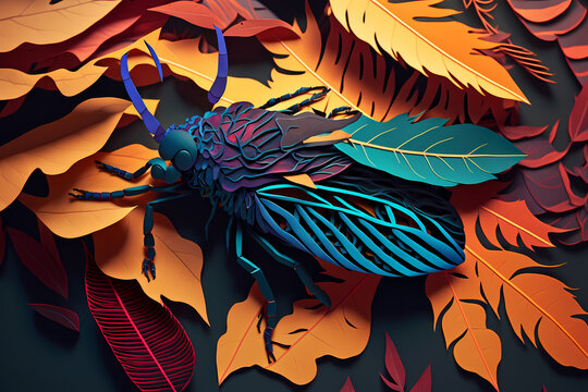 Background with leaves. Modern and bright paper craft art concept. A cutout of a stag beetle perched on top of a leaf pile.