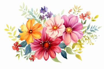 Obraz na płótnie Canvas watercolor of zinnia clipart in bold and vibrant colors. flowers frame, botanical border, An illustration for printing design, textile, scrapbooking. Isolated on white background.
