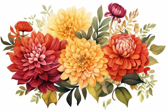 watercolor flowers bouquet, orange, yellow, red, green clip art preview