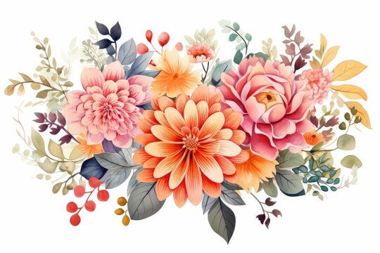 watercolor floral arrangement, pink, orange, and yellow clip art preview