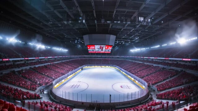 A bustling hockey stadium filled to capacity with enthusiastic fans rooting for their favorite team, stadium with fans crowd and an empty ice rink, AI Generated
