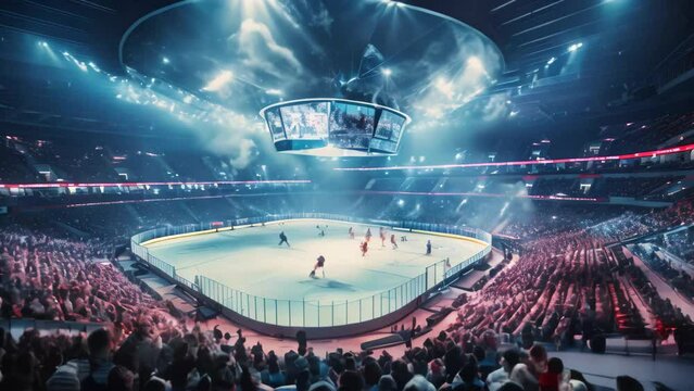 A vibrant hockey stadium filled with enthusiastic fans eagerly watching an exciting game unfold, stadium with fans crowd and an empty ice rink, AI Generated