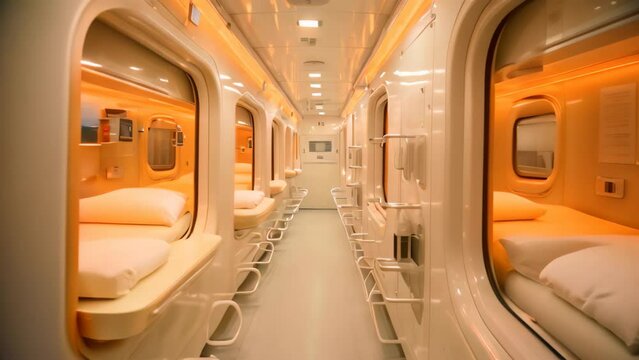 Interior of an airplane with empty seats and orange lights in the cabin, A capsule hotel room in Tokyo with high tech amenities, AI Generated