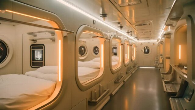 Interior of a modern passenger plane with white seats and orange walls, A capsule hotel room in Tokyo with high tech amenities, AI Generated