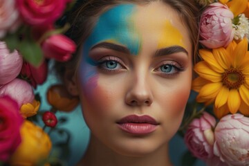 A woman with blue eyes and a colorful face paint is surrounded by flowers