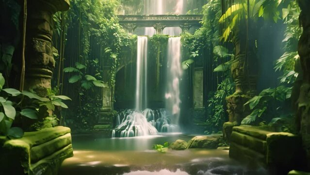 Waterfall in the jungle of Bali island, Indonesia. Toned, A cascading waterfall inside a hidden rain forest, AI Generated