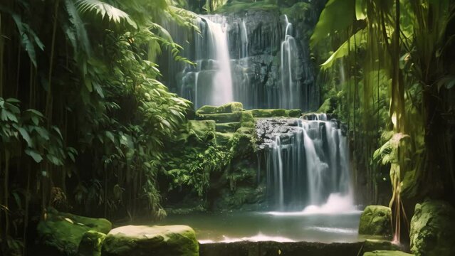 Waterfall in the rain forest. Beautiful waterfall in the rainforest, A cascading waterfall inside a hidden rain forest, AI Generated