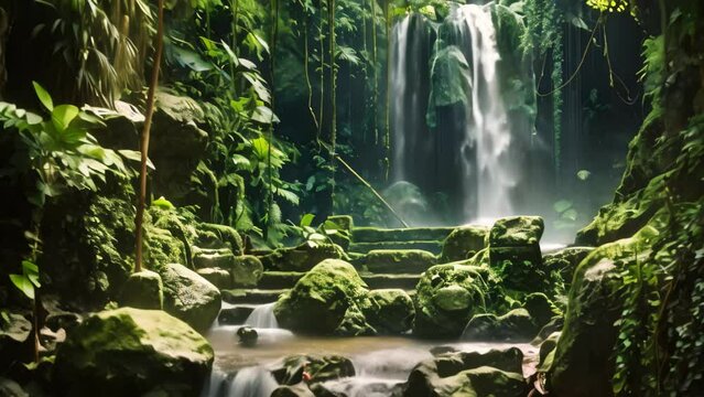 Beautiful waterfall in tropical rain forest, Thailand. Toned, A cascading waterfall inside a hidden rain forest, AI Generated