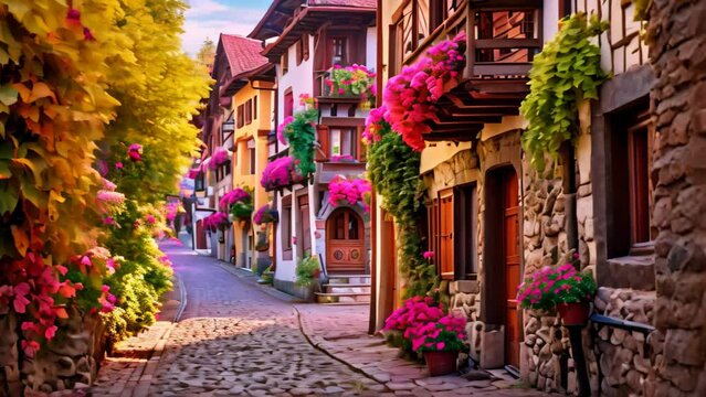 Street in the old town of Petite France, Strasbourg, Alsace, France, A charming, cobblestoned European village with bright, quaint houses, AI Generated