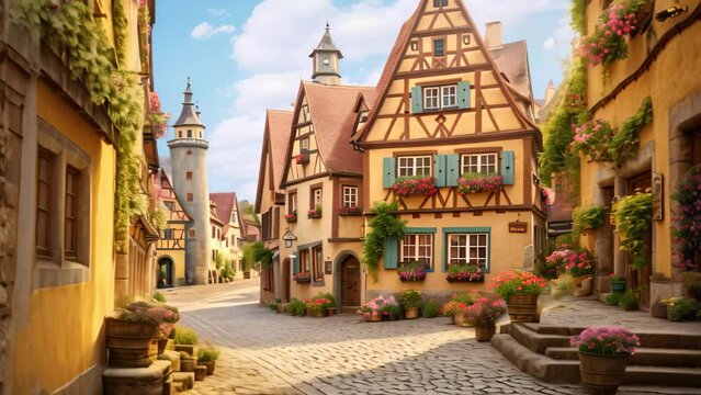 Old town of Rothenburg ob der Tauber, Bavaria, Germany, A charming, cobblestoned European village with bright, quaint houses, AI Generated