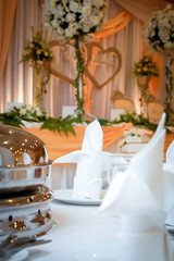 Fototapeta na wymiar Table set for wedding. Wedding catering decor. Selective focus.