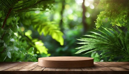 Forest Oasis: Empty Wooden Tabletop Podium Amidst Lush Greenery for Natural Product Presentation