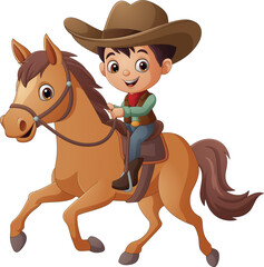 Cartoon young cowboy riding on a horse