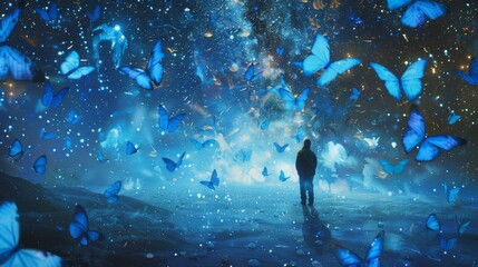 minimalist starry night in a completely blue and vibrant universe with blue butterflies - obrazy, fototapety, plakaty