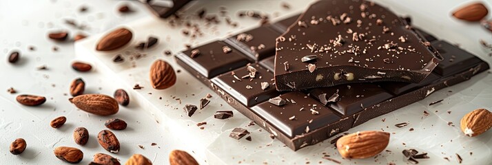 Chocolate bar with cacao beans and almonds scattered around it