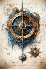 Fototapeta na wymiar Nautcal compass blueprint, sketch , technical drawing. Exploration and sailing concept. Poster design. Ai Generative