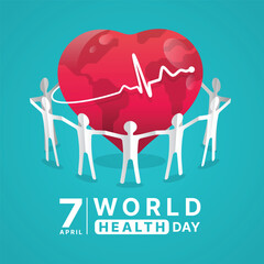 World Health Day - Blue pink gradient group of human stand on stethoscope are roll waving to Heart globe, cross and Heart rhythm wave line vector design