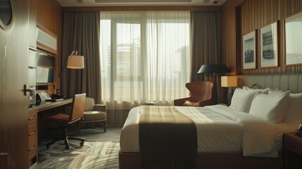 A tranquil and stylish hotel bedroom basks in the glow of the morning sun, inviting with its plush bedding and cityscape view.