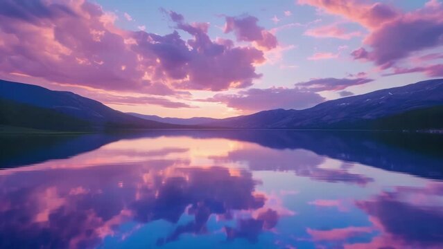 Soft clouds in shades of pink and lavender are mirrored in the still waters of the lake creating a picturesque sunset scene.