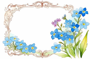 Fototapeta na wymiar Watercolor frame made of blue forget-me-nots with free space for text, card,border