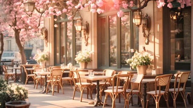 Cafe in Paris, France, with cherry blossoms in full bloom, A classic Parisian cafe in the spring morning, AI Generated