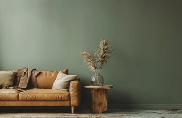 Minimalist Living Room with Olive Green Wall