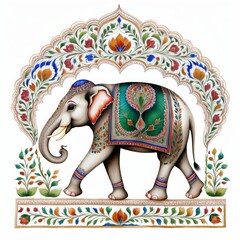 Obraz premium Pattern Mughal peacock elephant painting on a white background