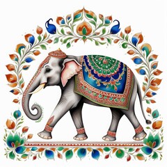 Obraz premium Pattern Mughal peacock elephant painting on a white background