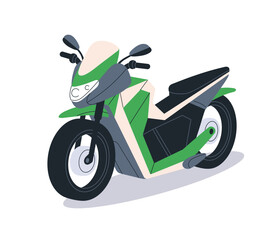 Motocycle, road motor transport. Eco-friendly electric motorbike, perspective view. Modern moto bike, wheeled vehicle, sustainable transportation. Flat vector illustration isolated on white background