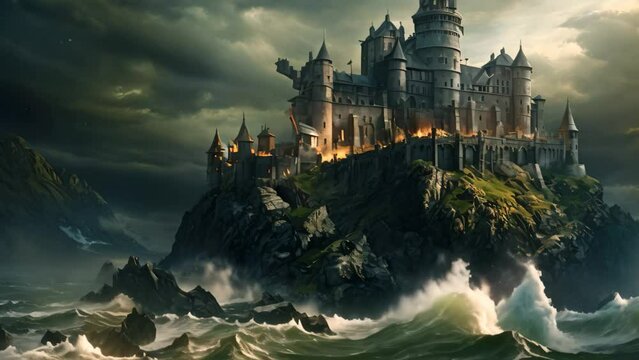 Fantasy landscape with a castle in the sea. 3D rendering, A cliff-top castle overlooking a rough sea under stormy skies, AI Generated