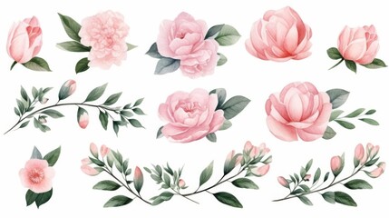 watercolor set with pink roses, buds, leaves and twigs on a white background,