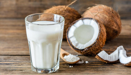 Vegan lactose free milk. Coconut milk in powder and dissolved with water in glass on a wooden background, vertical