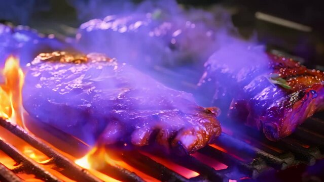 Pork ribs on the grill with flames and smoke, closeup, A close-up of sizzling barbecue ribs on a grill, AI Generated