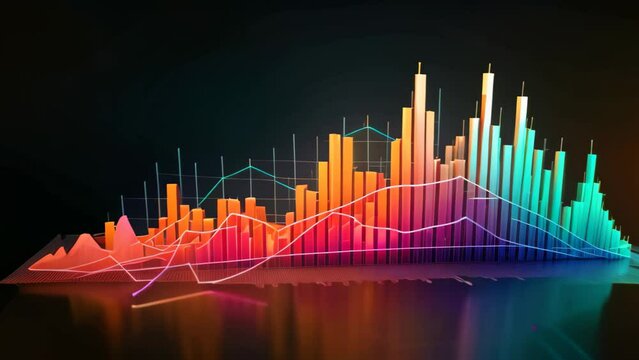 3d illustration of financial graph over dark background with light effects, A colorful 3D line graph indicating a rise in stock market, AI Generated
