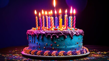 Birthday cake with burning candles on a dark background with colored confetti, A colorful birthday cake with lit candles, AI Generated