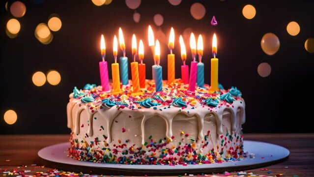 Birthday cake with candles on wooden table against defocused lights background, A colorful birthday cake with lit candles, AI Generated