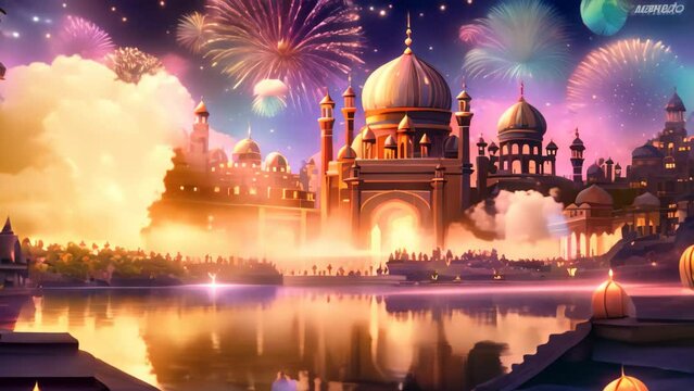 illustration of eid mubarak background with mosque and fireworks, A colorful Diwali scene, with lanterns and fireworks, AI Generated
