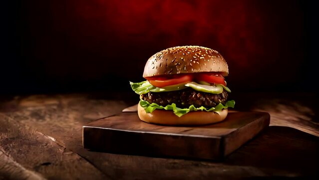 Advertise photo of a gourmet burger on a rustic wooden board