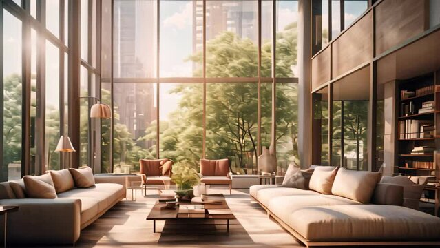 Interior of modern living room with panoramic windows and city view. 3D Rendering, A contemporary apartment with floor-to-ceiling windows, AI Generated
