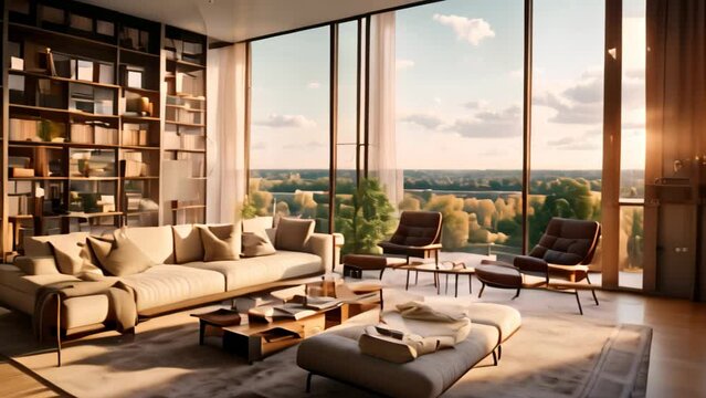 Luxury living room interior with a large window overlooking the countryside, A contemporary apartment with floor-to-ceiling windows, AI Generated