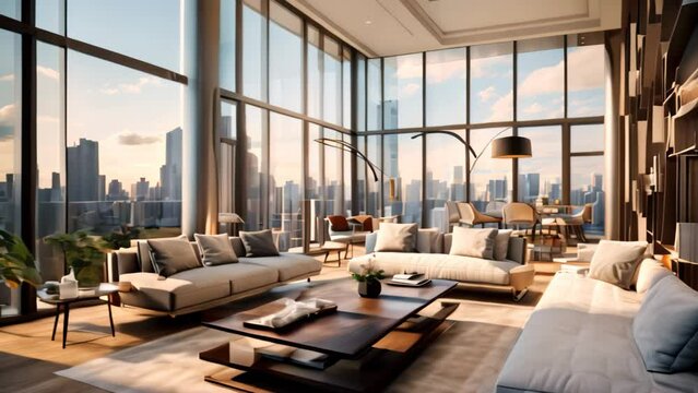 Modern living room interior with panoramic city view. 3D Rendering, A contemporary apartment with floor-to-ceiling windows, AI Generated