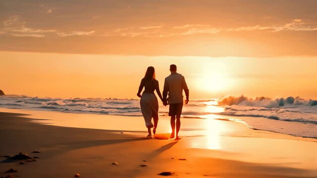 Silhouette of young couple holding hands and walking on the beach at sunset, A couple holding hands, walking along a sandy beach during sunrise, AI Generated