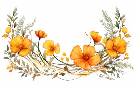 recommend clip art: watercolor of marigold clipart with orange and yellow blooms. flowers frame, botanical border, Watercolor floral wreath. Hand painted frame of greenery, wildflowers, herbs. Green leaves, field flowers