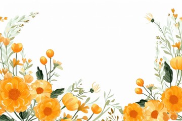 watercolor of marigold clipart with orange and yellow blooms. flowers frame, botanical border, Watercolor floral wreath. Hand painted frame of greenery, wildflowers, herbs. Green leaves, field flowers