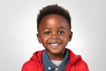 Child boy with white background. Nursery school. Childhood professions. School holidays. Topics related to childhood. Black boy. Afro american boy. African boy.