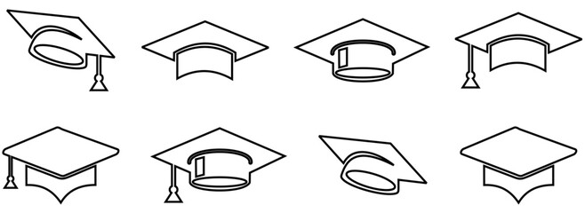 Graduation Cap line Art icon, mortarboard cap symbol Line Art design elements. vector isolated on white Background