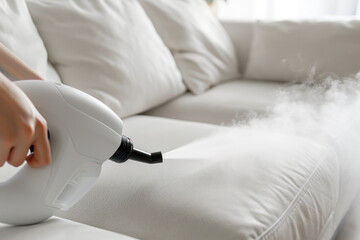 Steam cleaning a white sofa to remove dirt