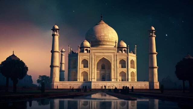 Breathtaking view of the Taj Mahal's white marble mausoleum bathed in the warm hues of an Indian sunriseBreathtaking view of the Taj Mahal's white marble mausoleum bathed in the warm hues of an Indian