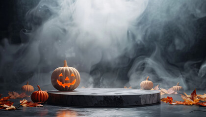 3d podium product presentation with halloween background and smoke and moon in scene, spooky halloween backdrop